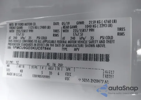 2019 Ford Escape Se from USA, damaged, VIN 1FMCU9GD3KUC07844